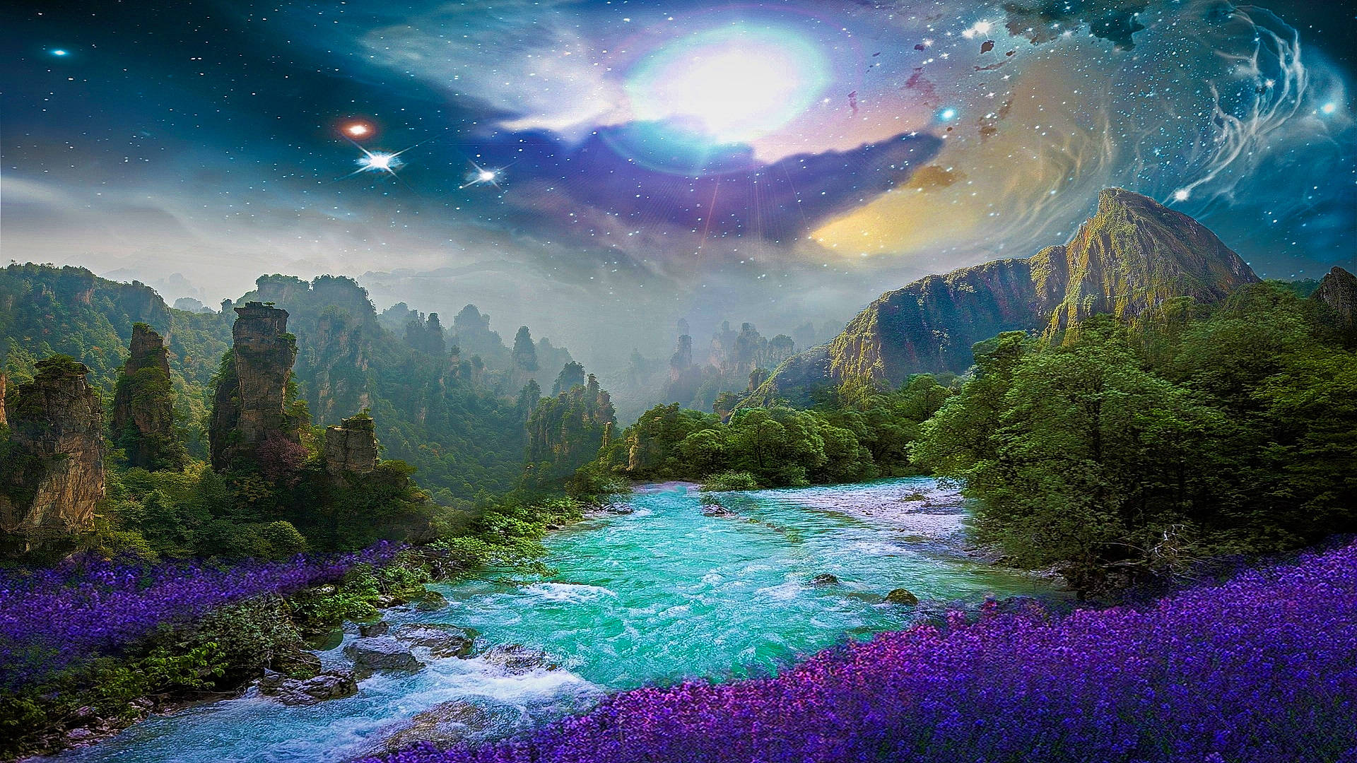 一個神奇的山谷，有山脈、河流和紫色花朵，在星空下。