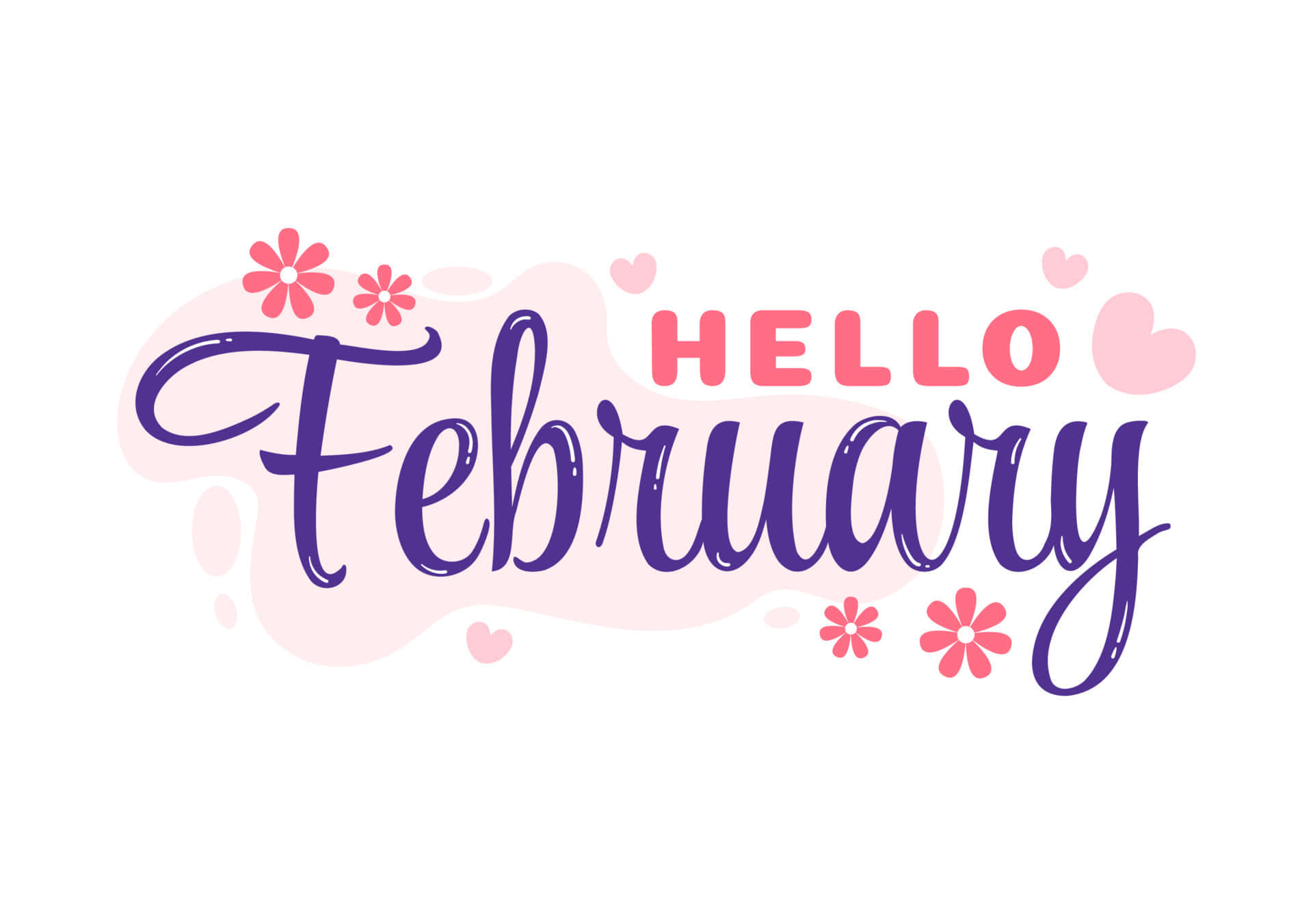 二月 桌布 壁紙 — 紫色草書和粉紅色印刷體書寫的「Hello February」文字，帶有花卉和心形裝飾，背景為柔和粉紅色水彩潑濺。