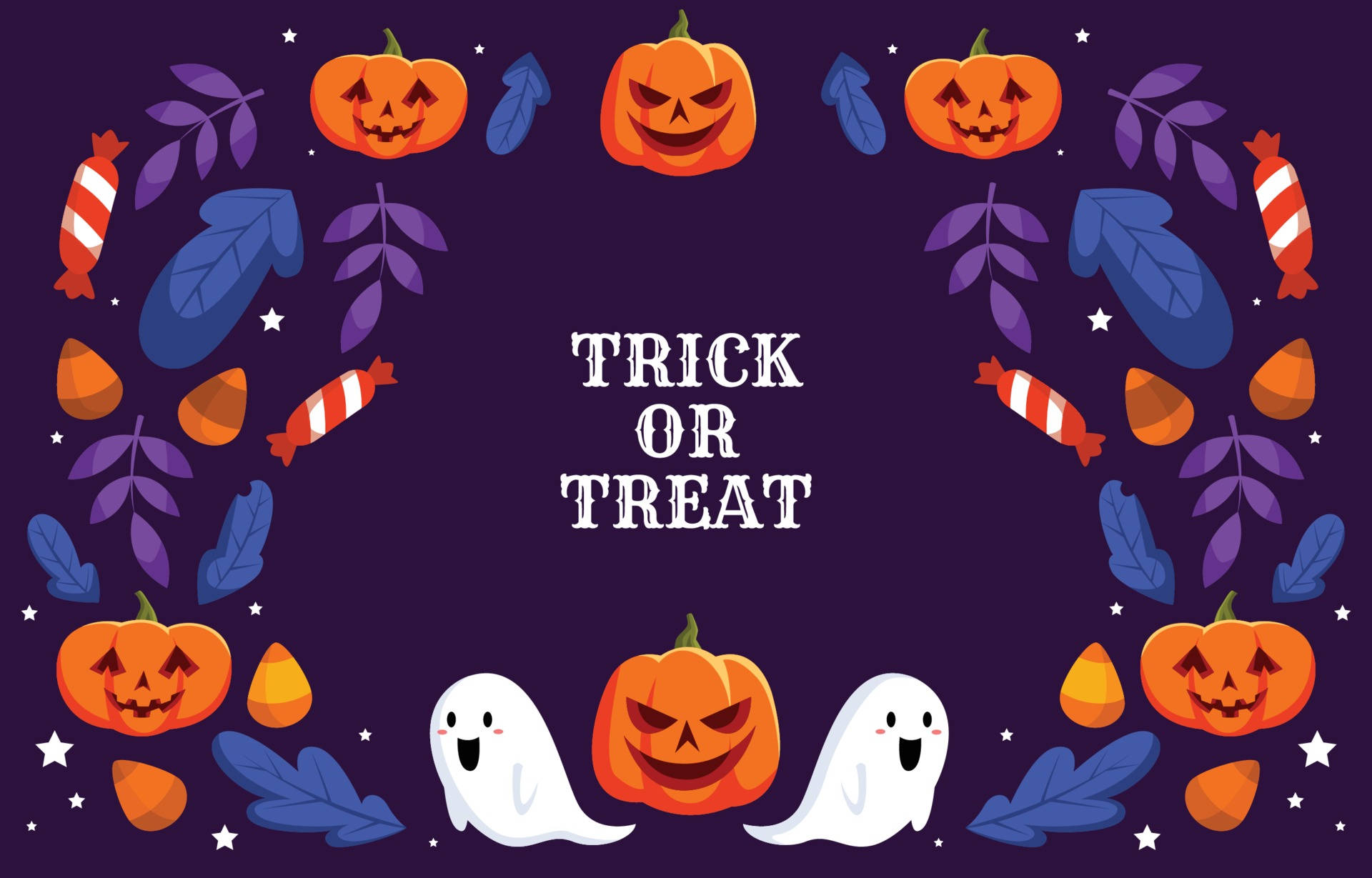 萬聖節邊框，有南瓜、鬼魂、糖果玉米和樹葉圍繞著 trick or treat 文字。
