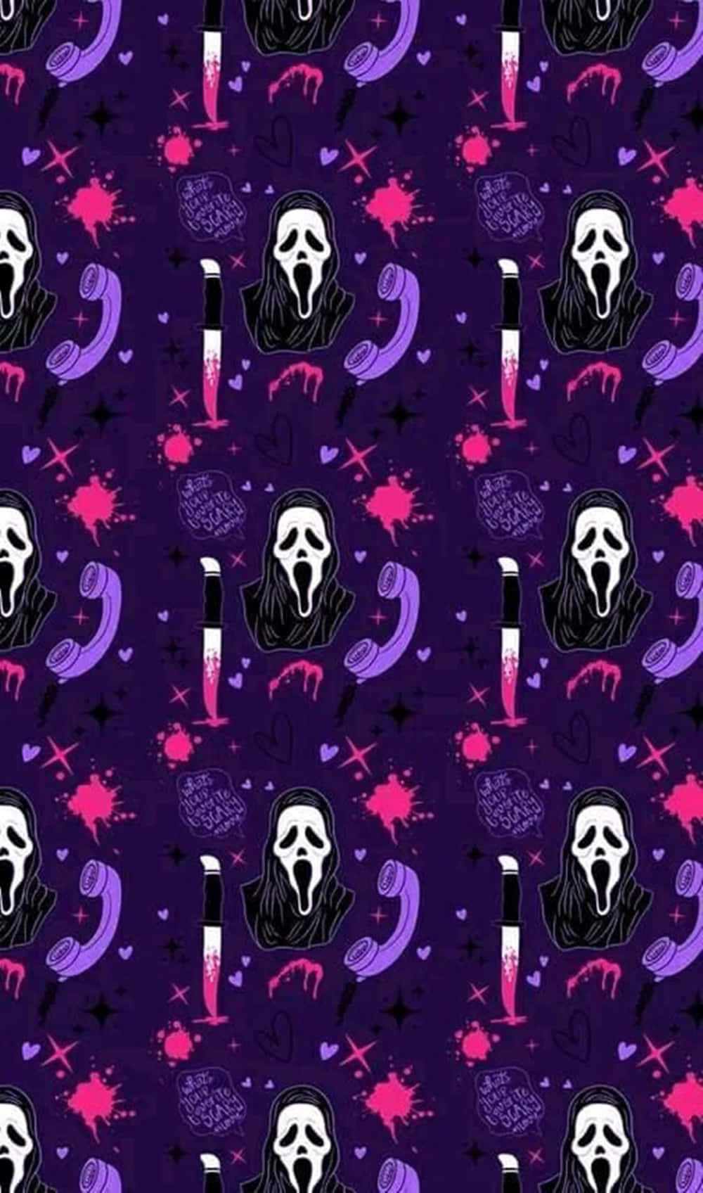 恐怖主題壁紙，紫色背景上有Ghostface面具、刀和電話。