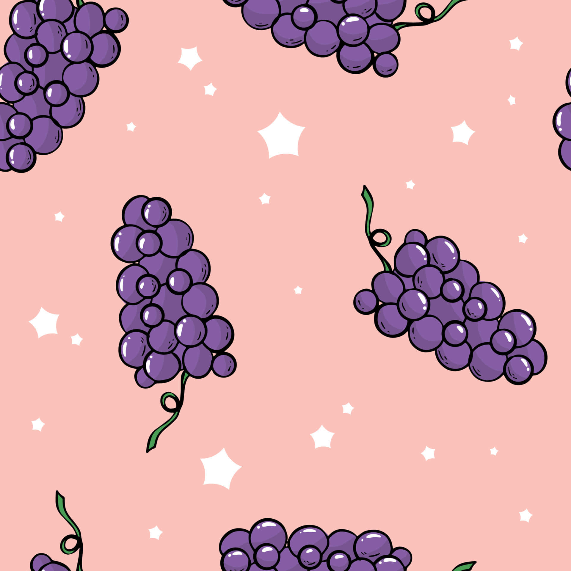 Grapes 桌布 壁紙 — 紫色葡萄串連同綠色莖漂浮在帶有白色星星的柔和粉紅色背景上。