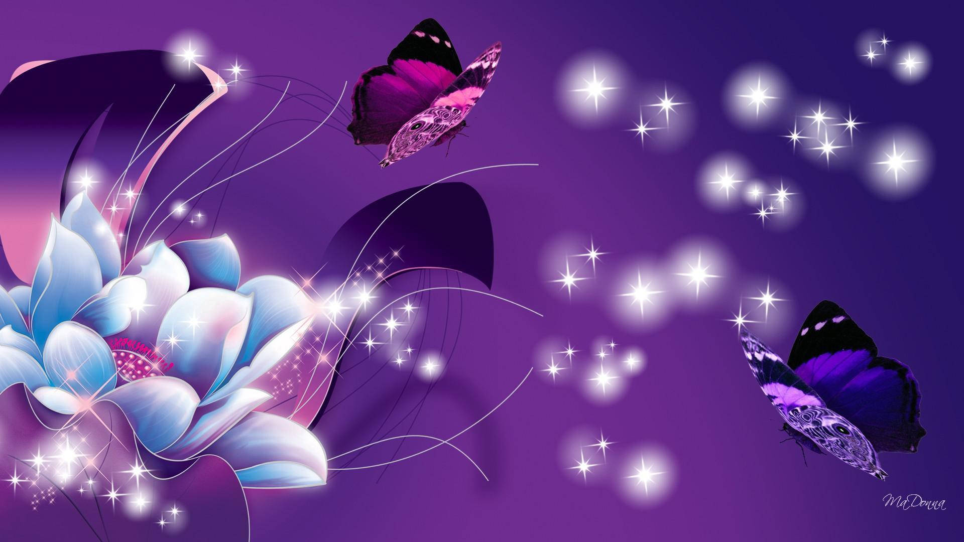 兩隻蝴蝶在神奇的紫色星空場景中，靠近發光的藍色蓮花飛翔。