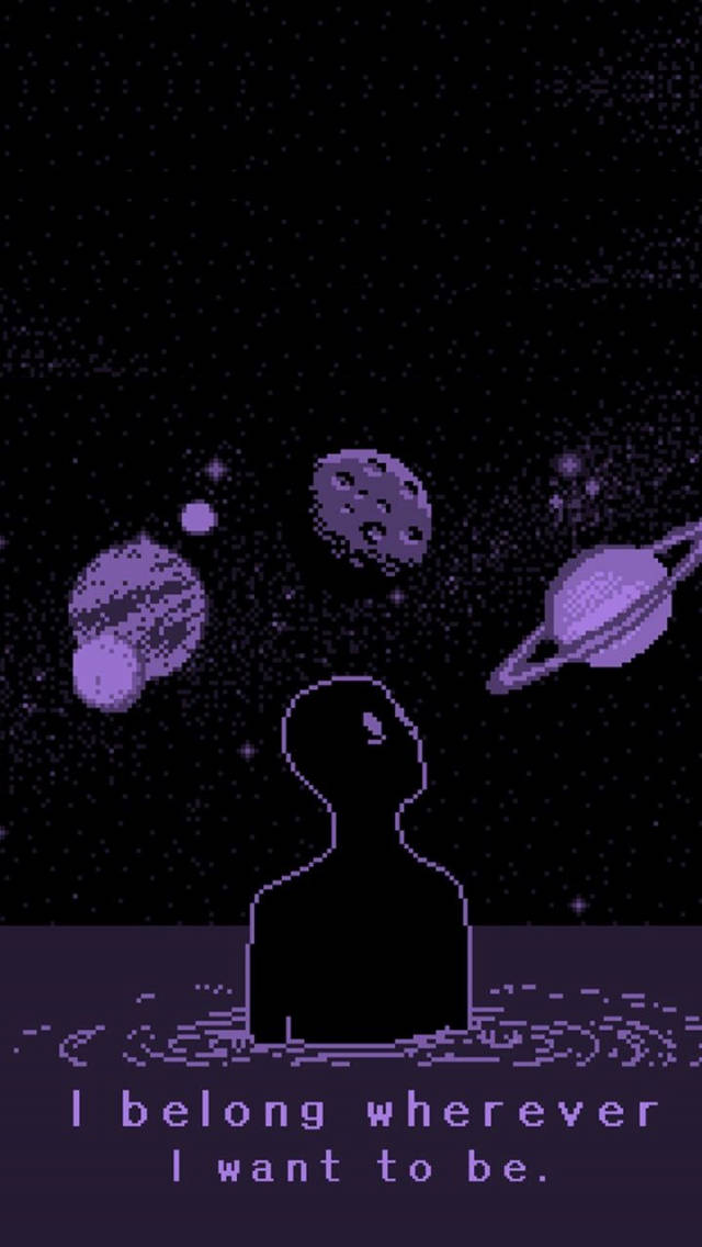 紫色行星Picsart 壁紙 — 像素化剪影仰望紫色行星和星星，背景為黑暗宇宙，下方有文字。