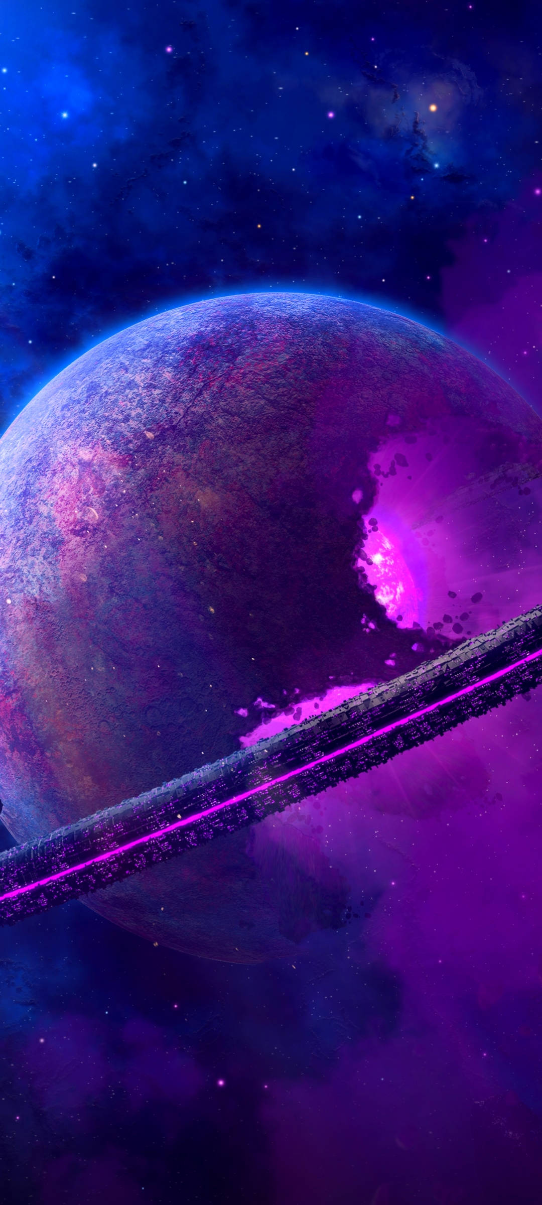 紫色行星爆炸太空手機壁紙 壁紙 — 一顆發光的紫色行星，帶有明亮的裂縫和暗環，劃過星光燦爛的宇宙天空。