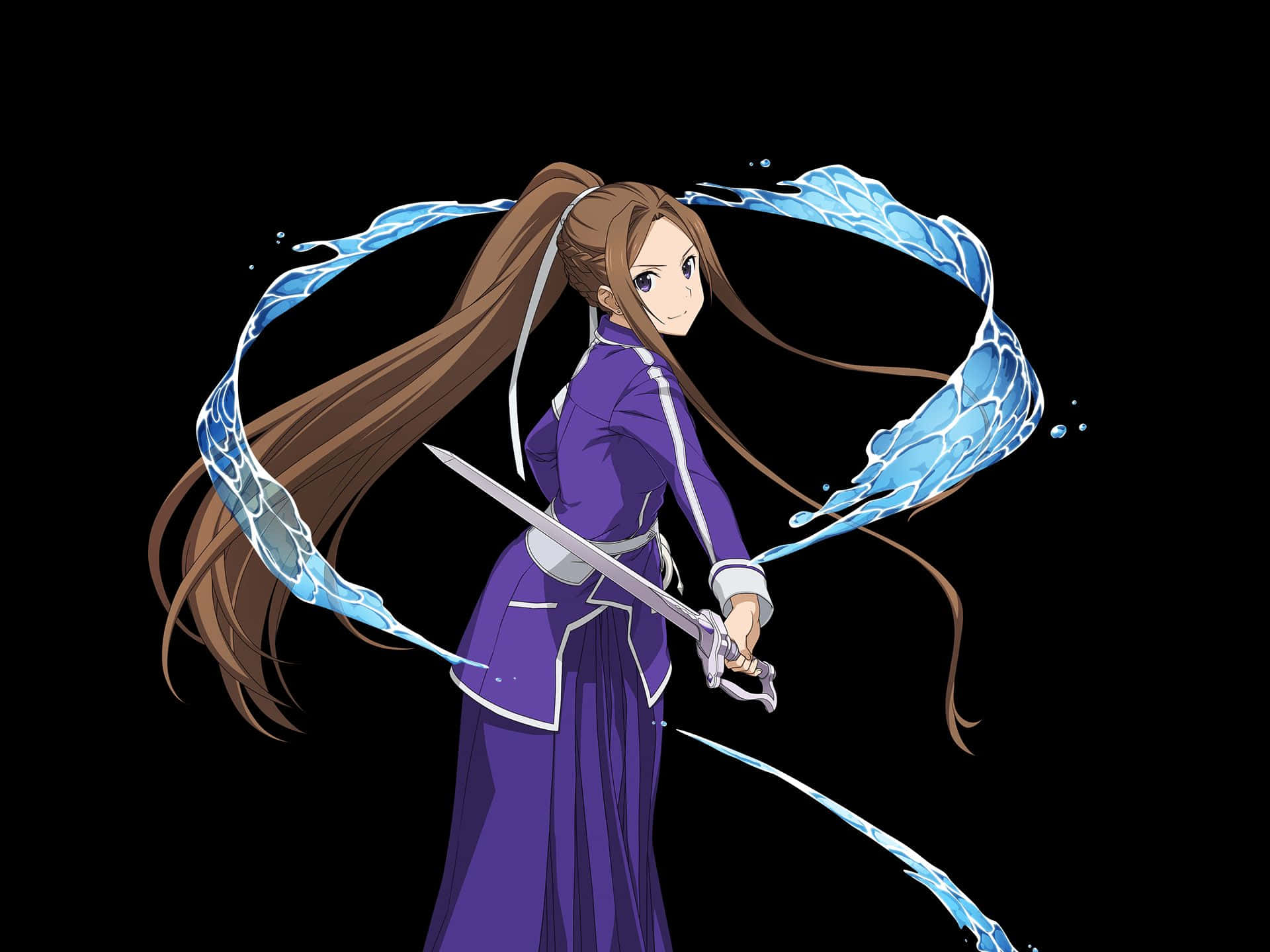Sortiliena Serlut 桌布 壁紙 — 紫色裝束的動漫女孩在黑色背景前揮舞著劍，伴隨著旋轉的藍色水效果。