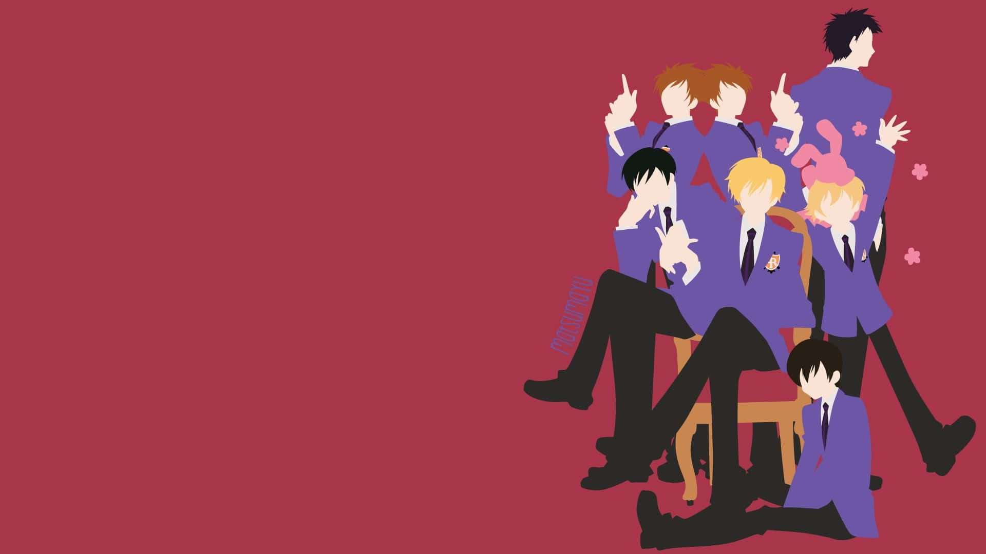 haruhi fujioka 桌布 壁紙 — 紫色西裝的動漫角色在紅色背景和粉紅櫻花的椅子上俏皮地擺姿勢。