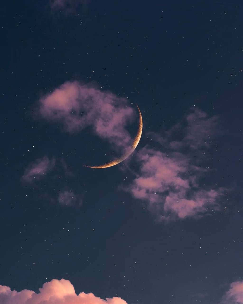 彎月在繁星夜空中的粉紅雲朵後閃耀。