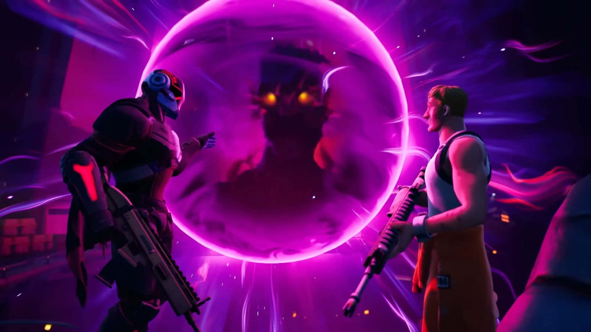 兩個 Fortnite 玩家面對一個發光的紫色球體，裡面有一個陰影敵人。