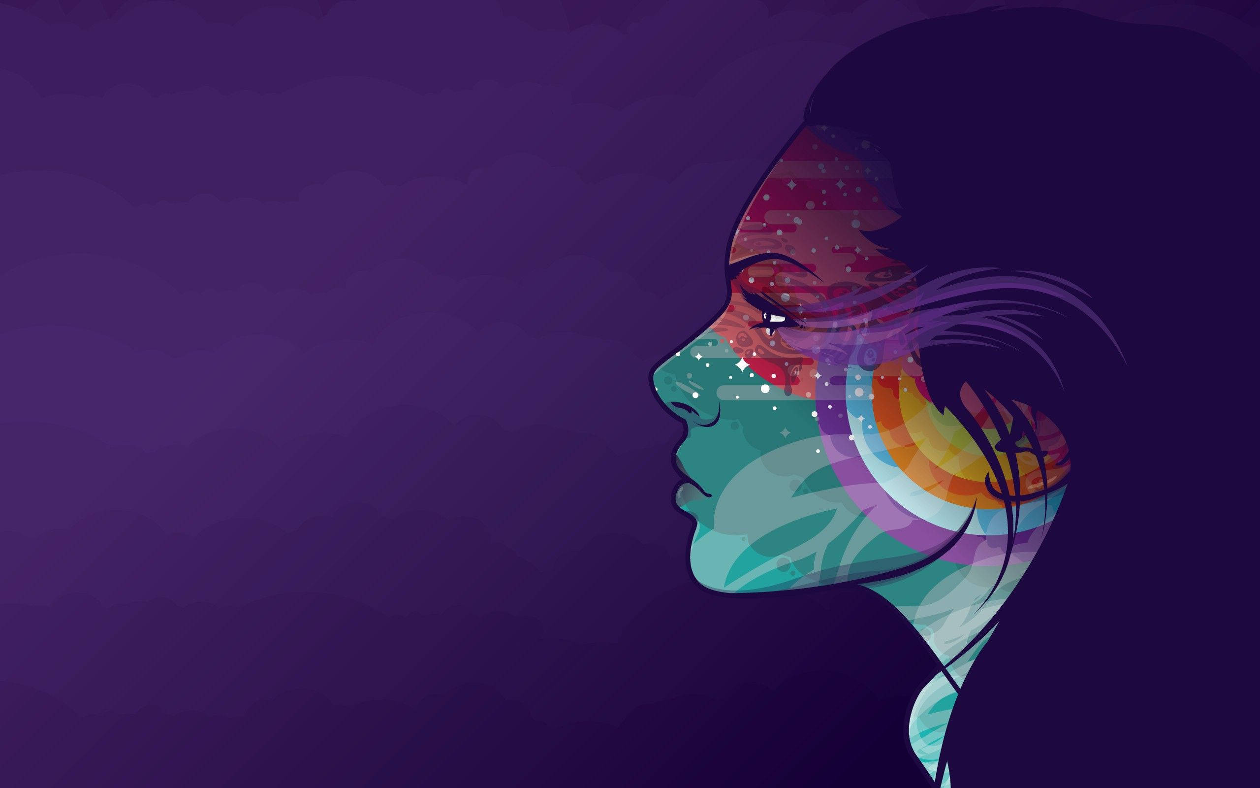 artwork 桌布 壁紙 — 紫色調的風格化女性側面輪廓，帶有宇宙圖案和彩虹漩渦從她的頭髮中流出。
