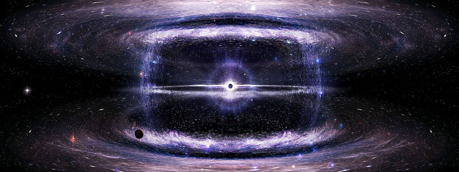 一個帶有發光紫色吸積盤的黑洞，被恆星和宇宙塵埃包圍。