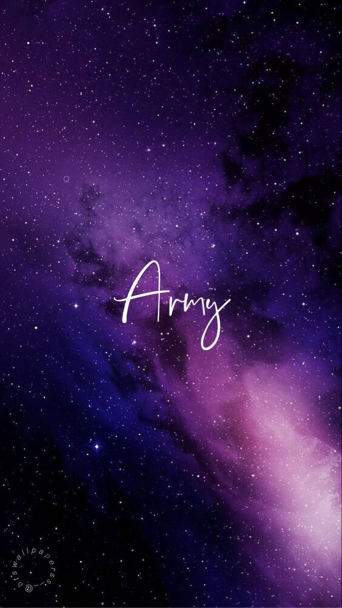 紫色星系，帶有星星和星雲，以白色草書顯示單詞Army。