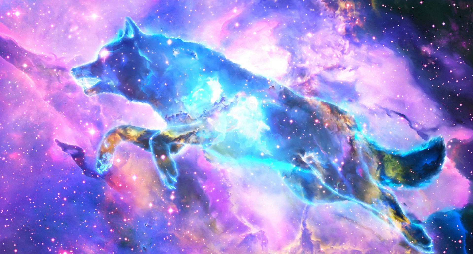 一頭由宇宙氣體組成的狼穿過充滿星星的彩色星雲疾馳。 — 銀河狼 壁紙