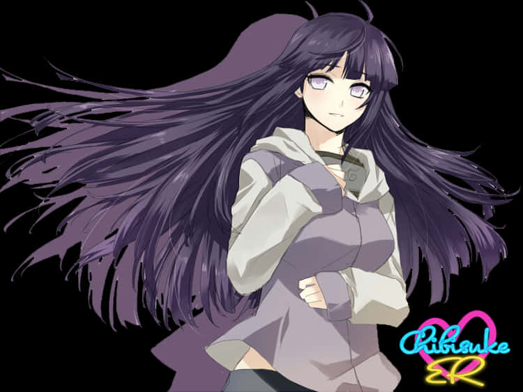 紫色長髮動畫女角色 壁紙 — 動漫女孩，長長飄逸的紫色頭髮和紫色眼睛，自信地站在黑色背景前。