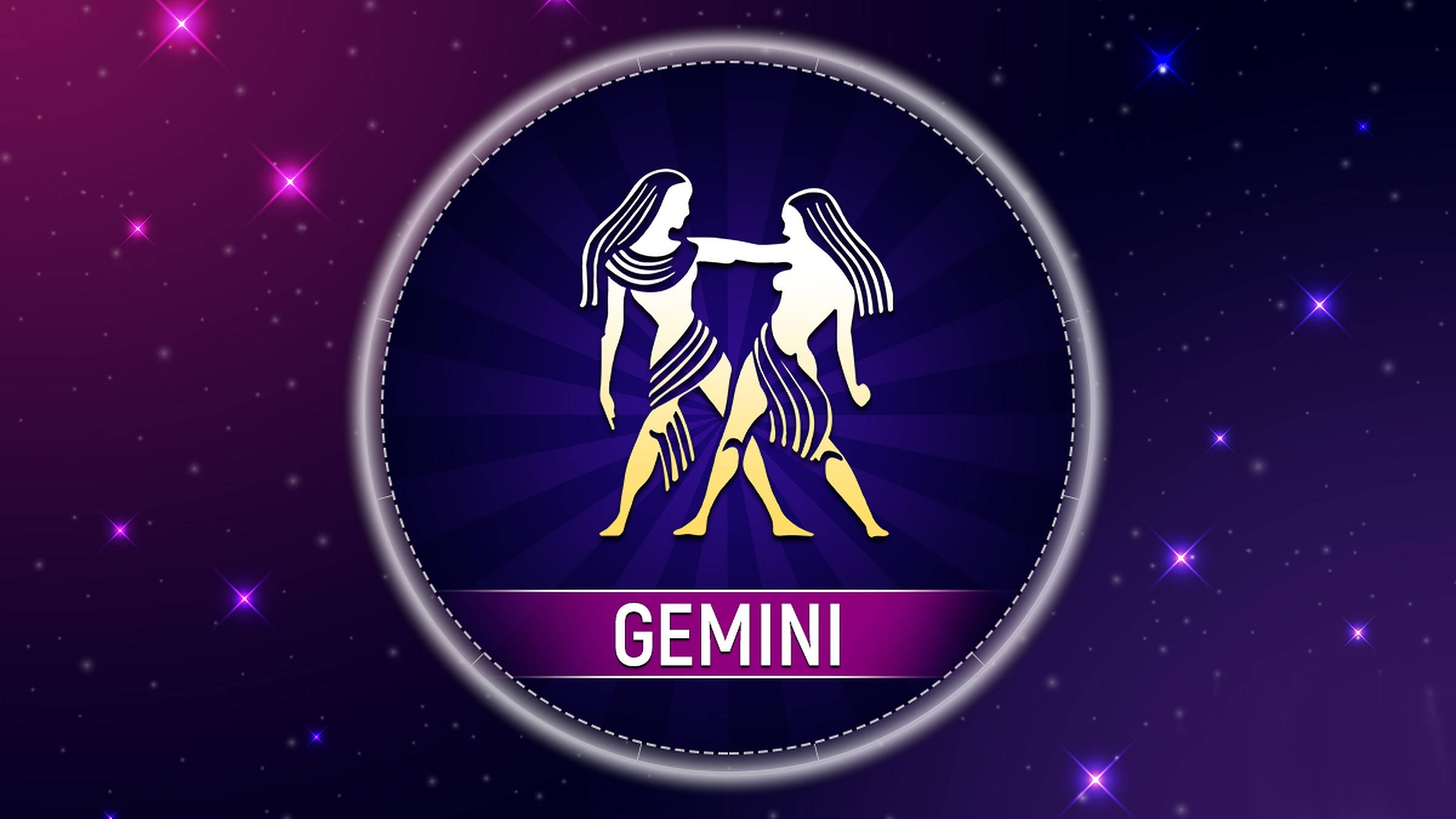 紫色雙子座徽章 壁紙 — 在一個發光的圓形框架內，標有 GEMINI，兩個白色剪影人物處於宇宙紫色星場中。