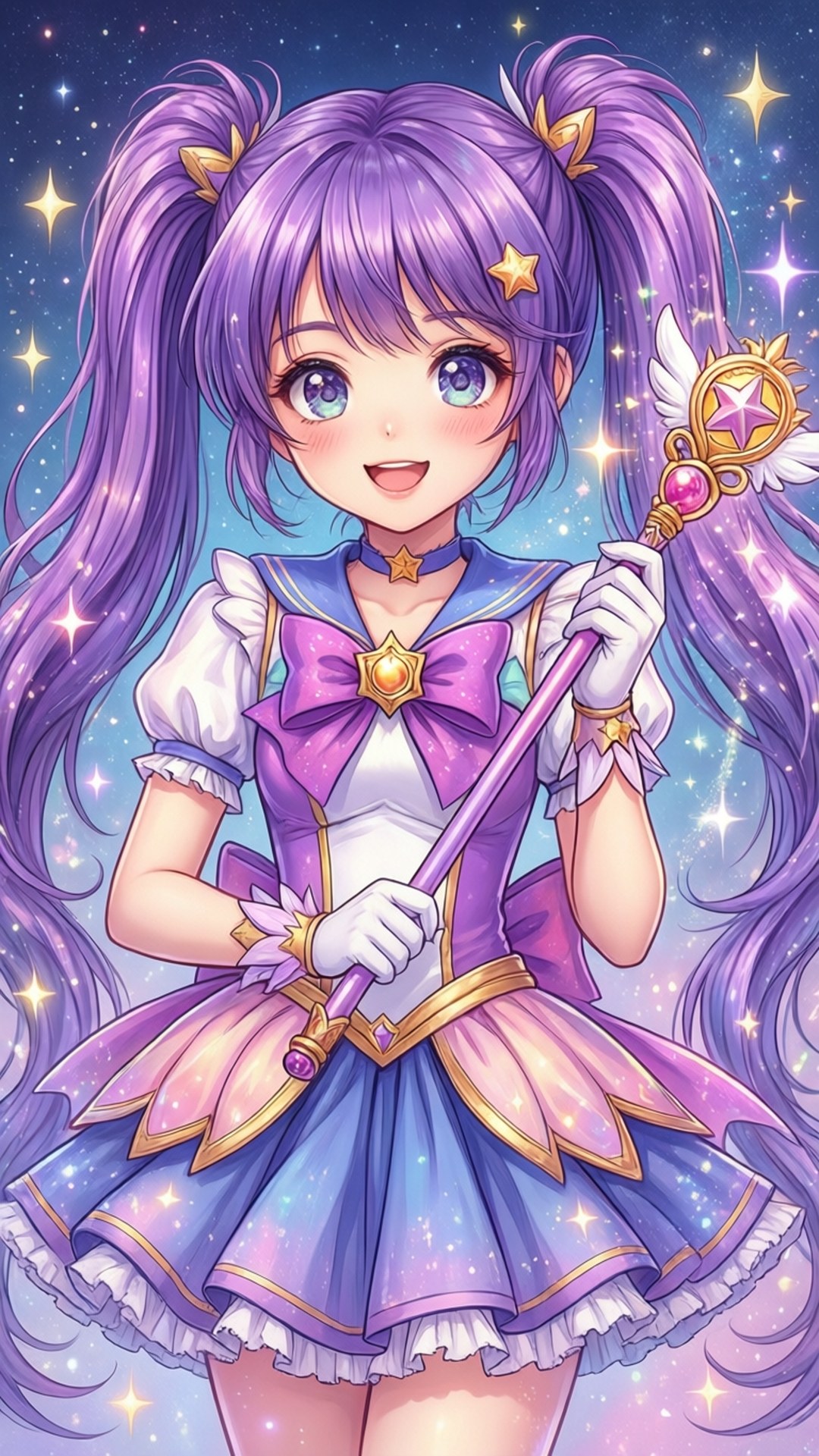 紫髮動漫女孩，星星魔杖，星空之夜