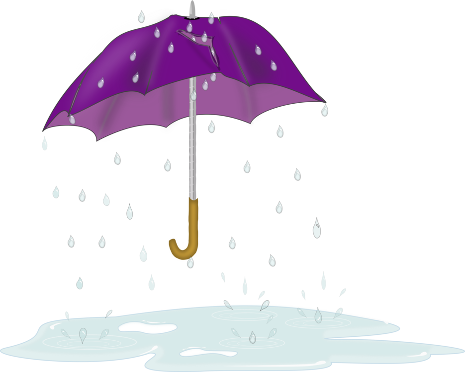 紫色雨傘與雨滴 壁紙 — 一把紫色雨傘配金色手柄，保護著落在有漣漪水坑上的雨滴。