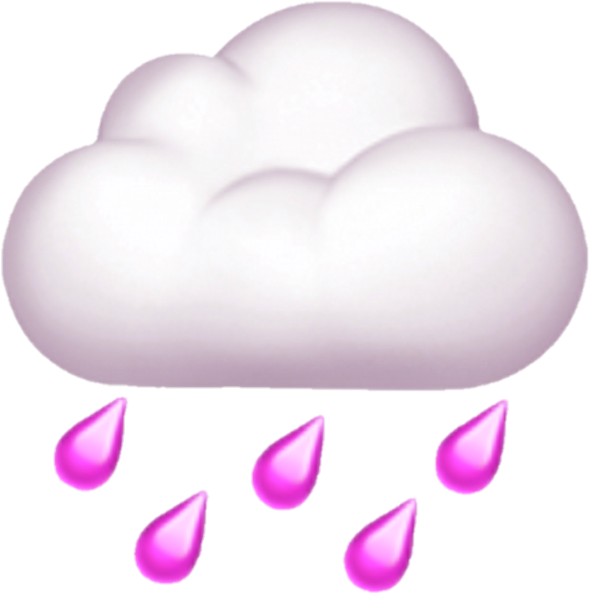 紫色雨滴表情圖 壁紙 — 一個風格化的白色雲朵，帶有發光的粉紅色雨滴，在黑色背景上落下。