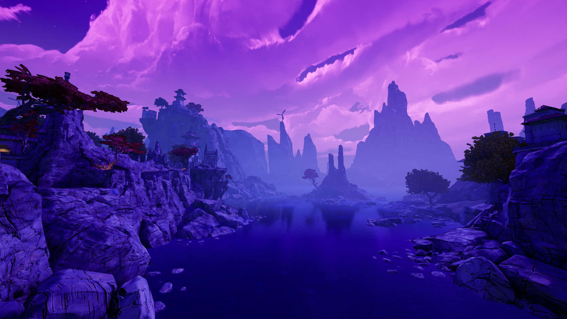 紫色雲彩《邊境之地3》背景 壁紙 — 一個超現實的紫色峽谷，有鋸齒狀的岩石形態和一條平靜的河流，倒映著暮色天空。