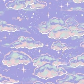 夢幻的天空，帶有柔和色調的雲朵和星星，形成重複圖案。