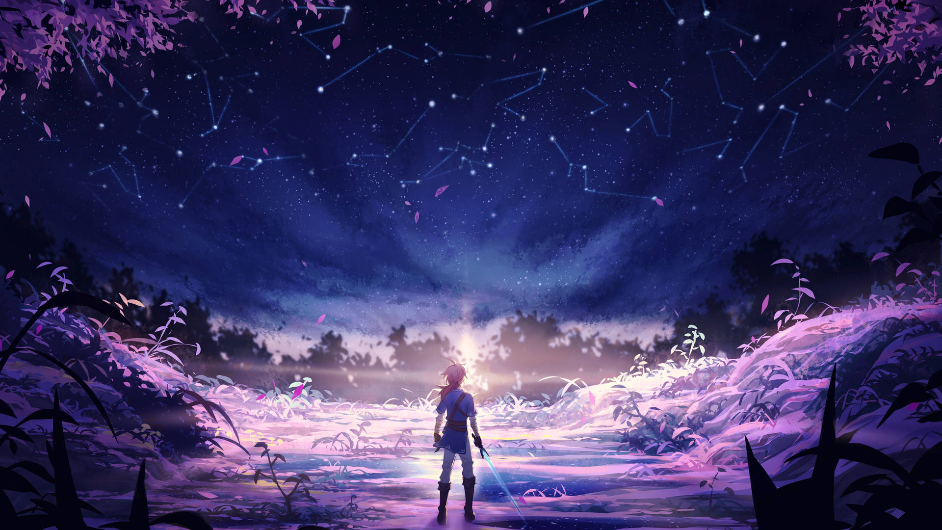 動漫戰士站在發光的田野上，星空璀璨，可見星座。