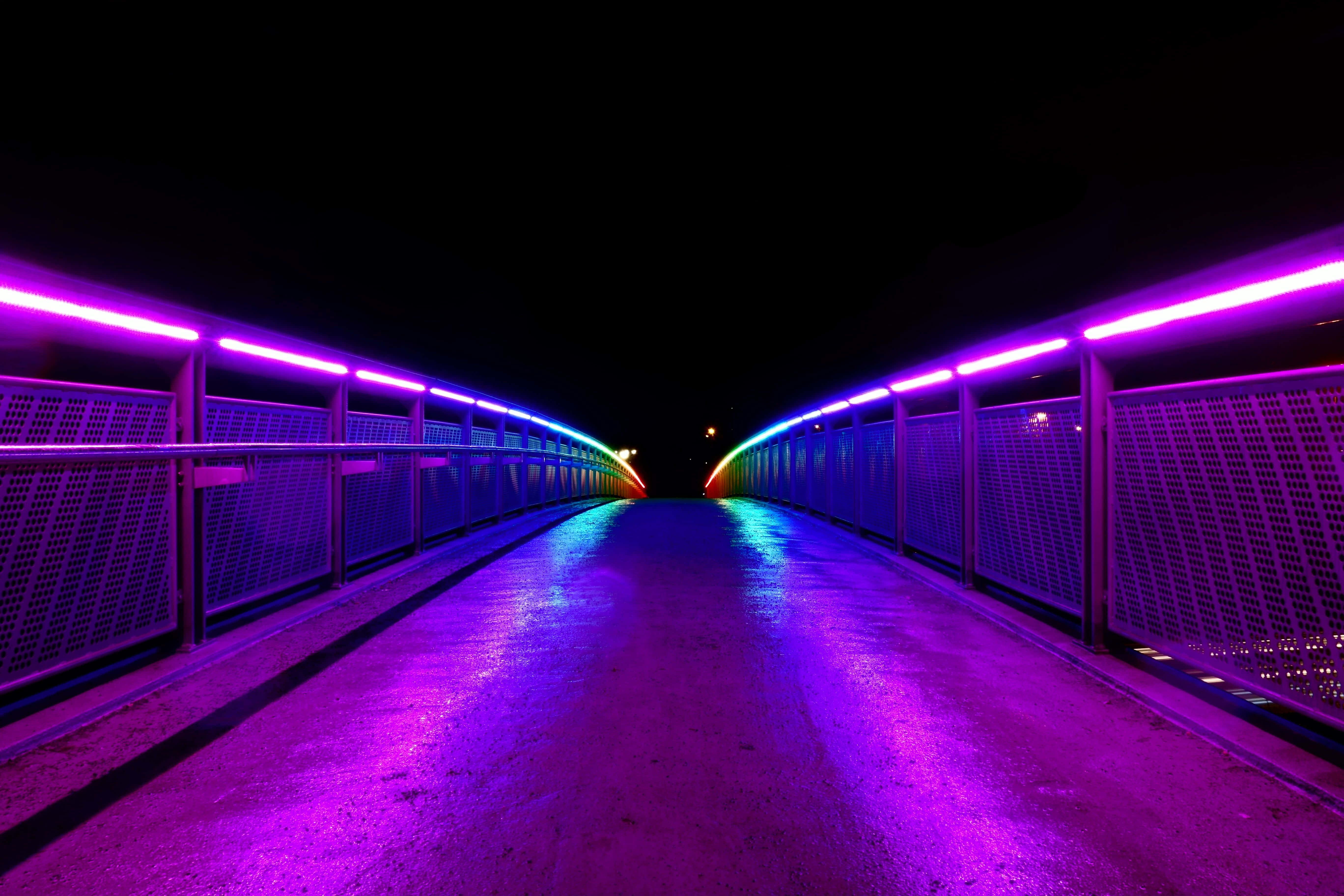 紫色霓虹城市夜間道路圖像 壁紙 — 夜晚發光的霓虹橋，鮮豔的紫色和藍色燈光反射在潮濕的路面上。