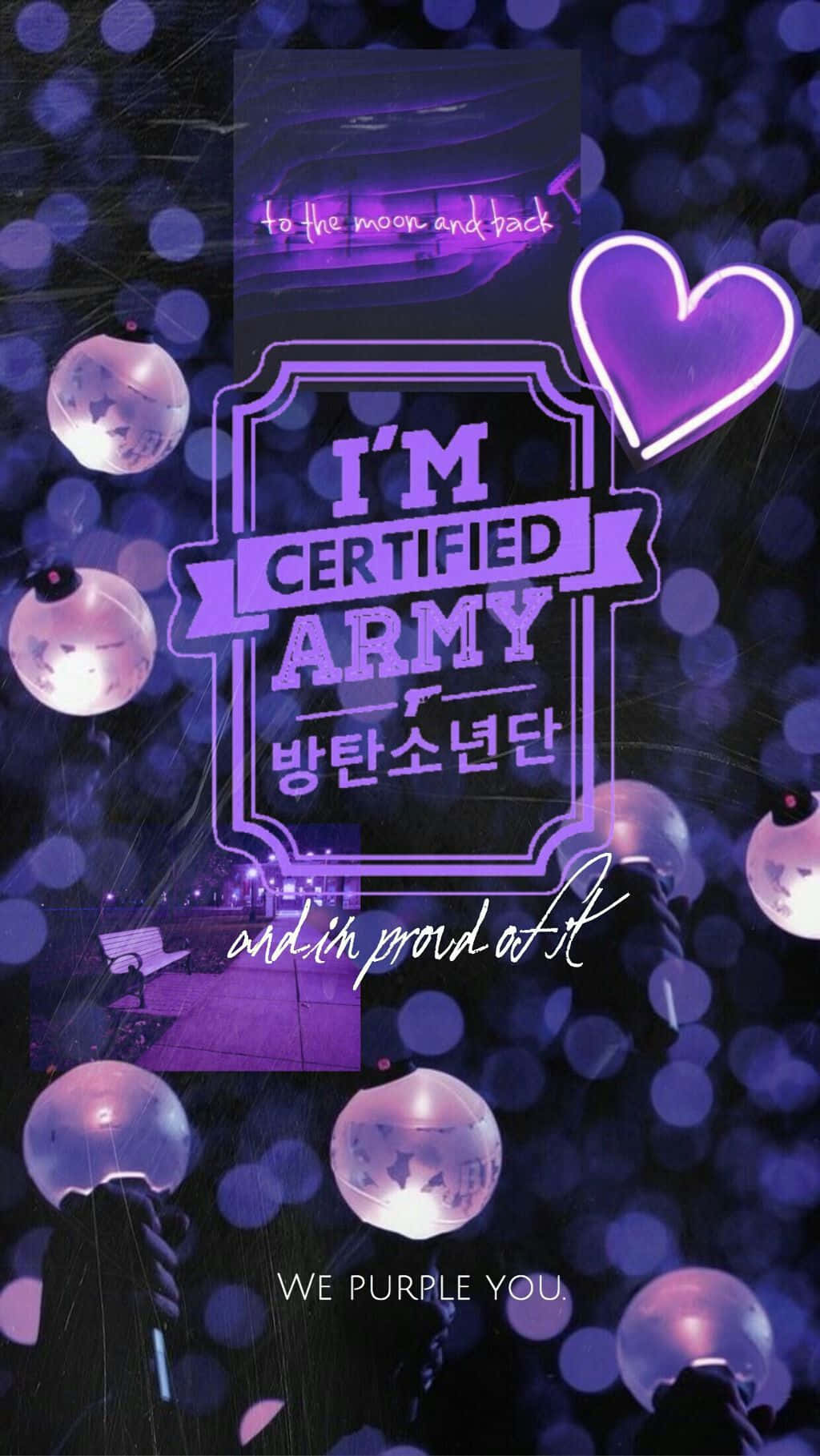 Bts Army Bomb 桌布 壁紙 — 紫色霓虹文字宣告「I'm Certified Army」，周圍環繞著發光球體和心形，背景為散景效果。