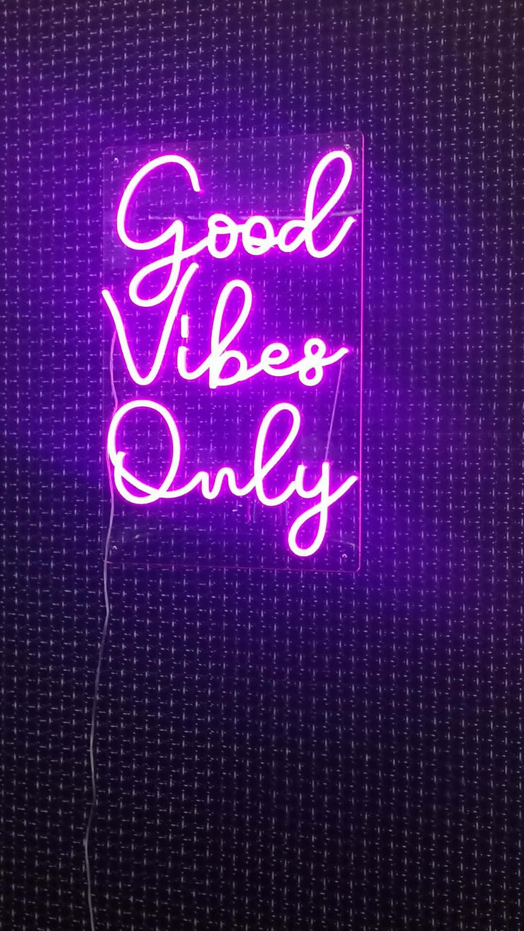 深色牆上的紫色霓虹燈牌寫著 Good Vibes Only。
