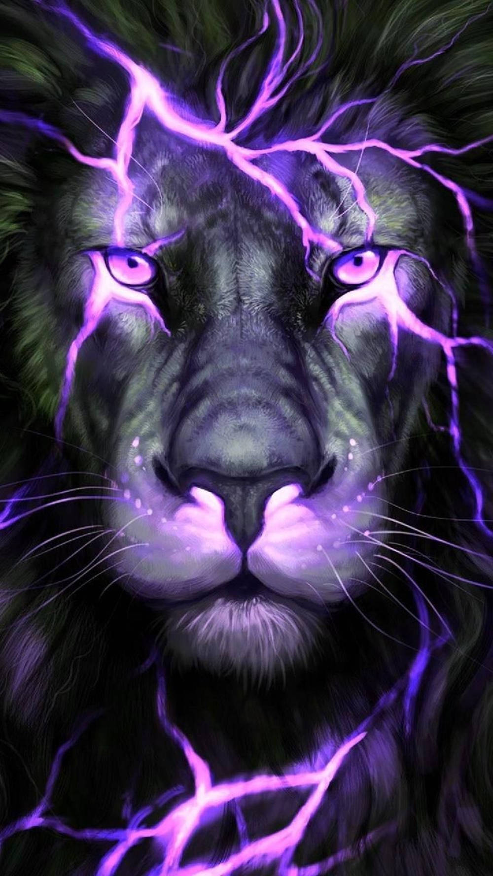 一頭獅子，其臉部和眼睛周圍有紫色閃電閃爍。