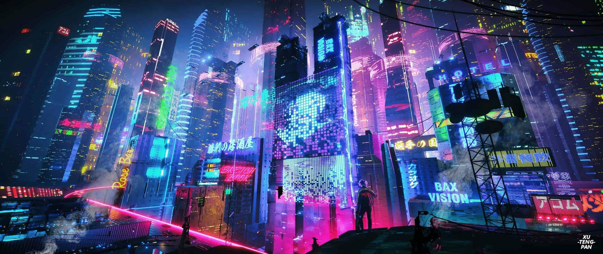 屋頂上的一個人凝視著夜晚發光的未來城市。