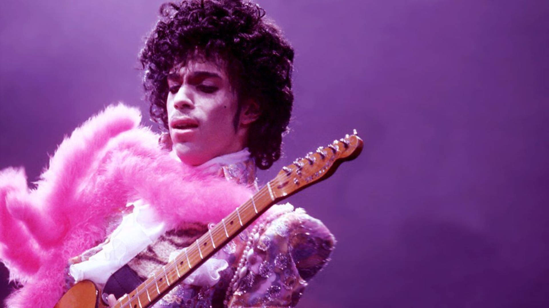 Prince 在紫色舞台燈光下穿著粉紅色羽毛圍巾彈結他。