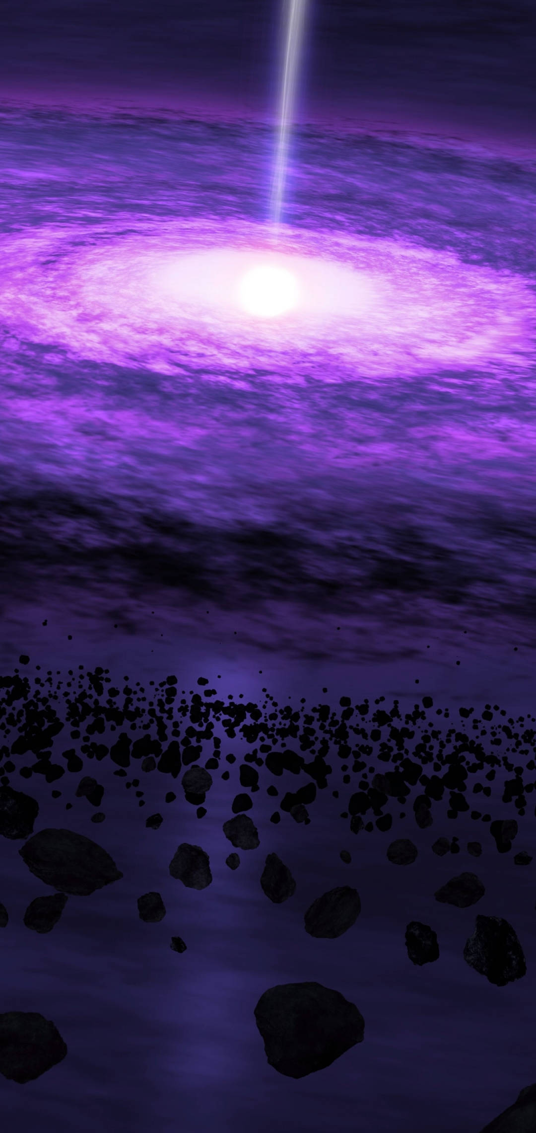 紫色類星體太空手機壁紙 壁紙 — 一個宇宙場景，發光的紫色星系在深空中漂浮的小行星上方發射出明亮的光束。