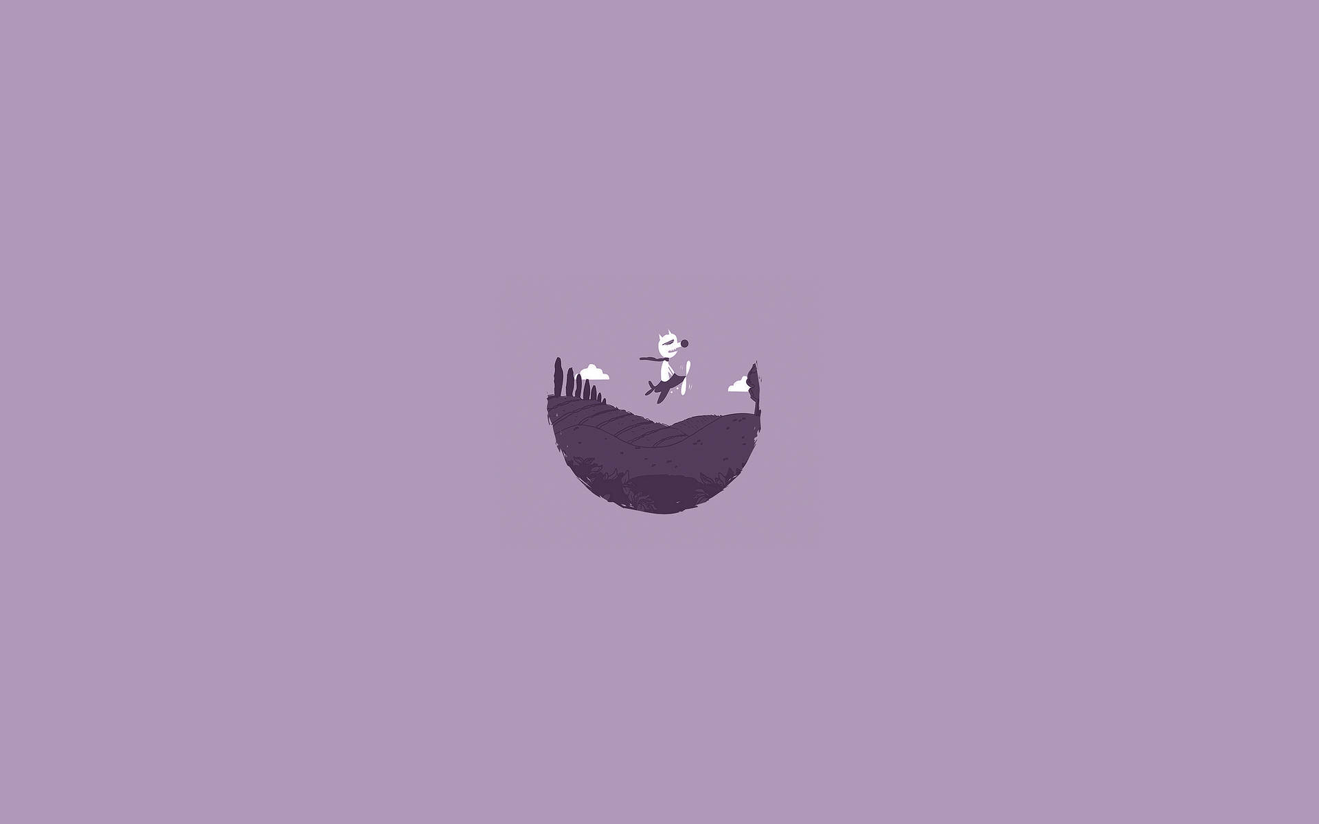 在極簡紫色插圖中，一個小人在彎曲的山丘上玩滑板。 — 簡約美學筆電 壁紙