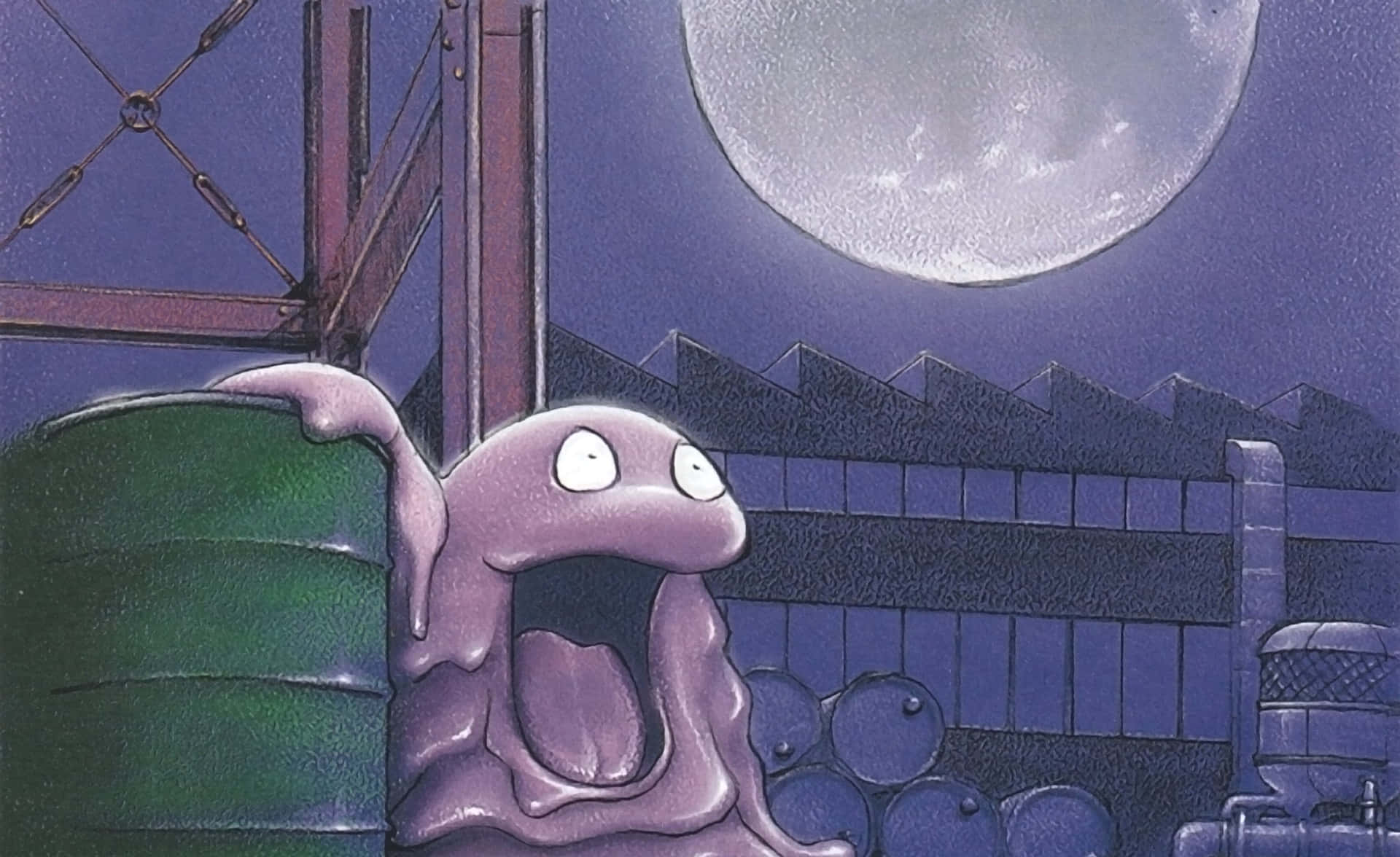 滿月下工業夜晚場景中從桶後面偷睇嘅紫色寶可夢