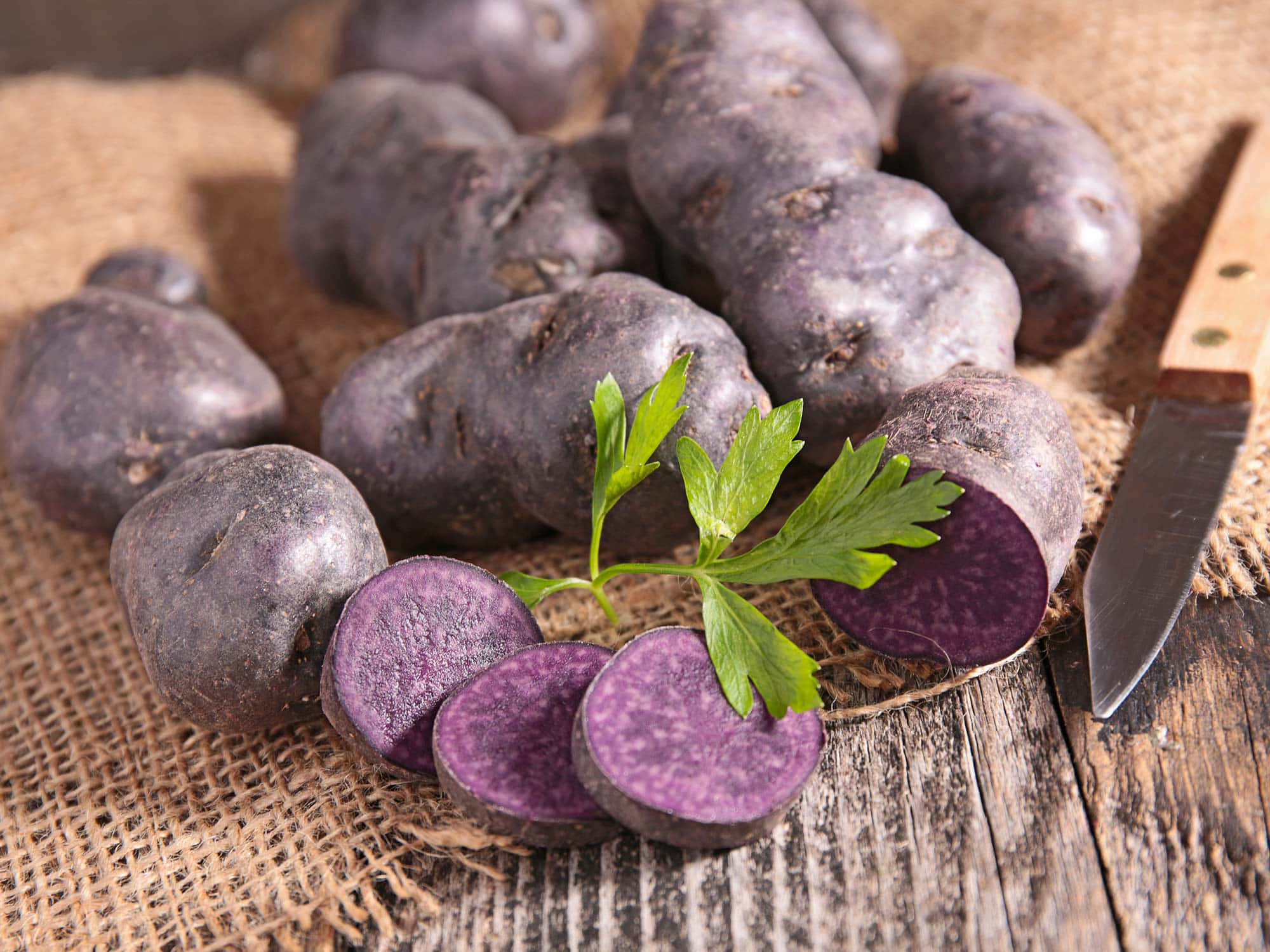 Purple Potato 桌布 壁紙 — 紫色馬鈴薯帶有鮮艷的內部，放在粗麻布上，旁邊有刀和歐芹，置於鄉村風木桌上。