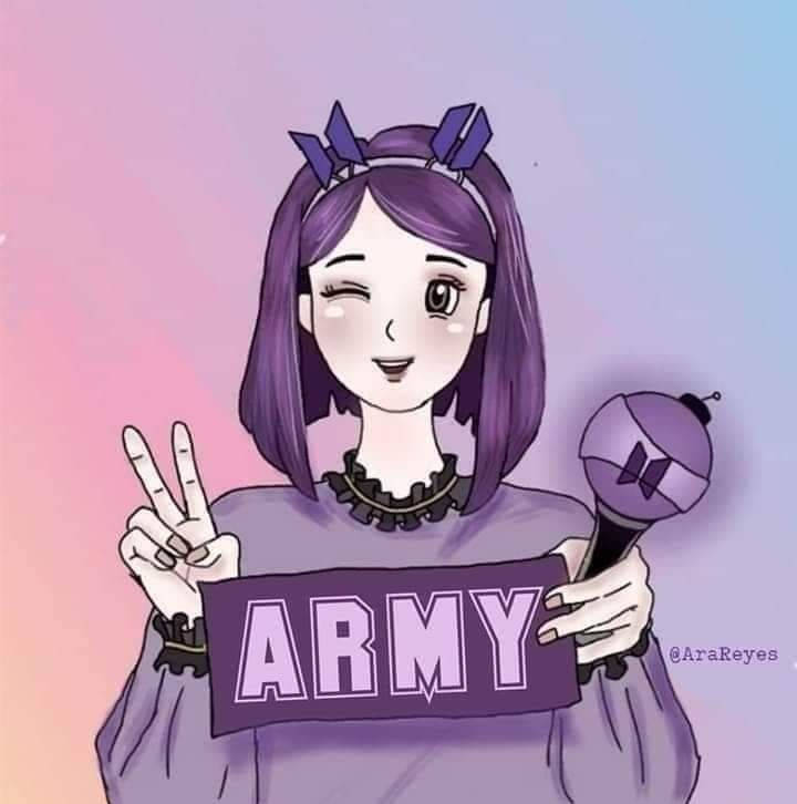動漫女孩拿著ARMY牌子和麥克風，做出和平手勢。