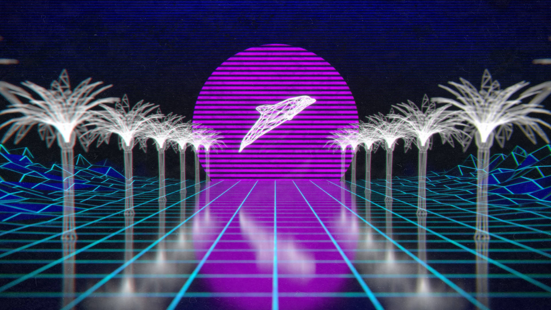 紫色鯨魚蒸汽波桌面 壁紙 — 一個充滿霓虹燈的復古未來主義場景，發光的棕櫚樹和一個線框海豚在條紋紫色太陽前跳躍。