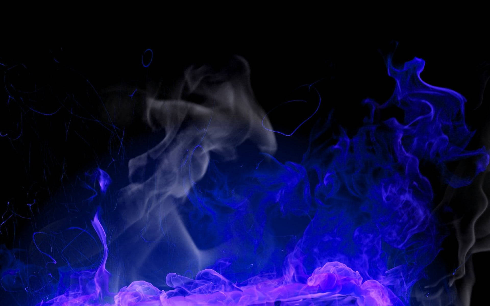 紫藍焰火 壁紙 — 充滿活力的藍色和紫色煙霧在純黑背景上動態旋轉，營造出空靈神秘的氛圍。