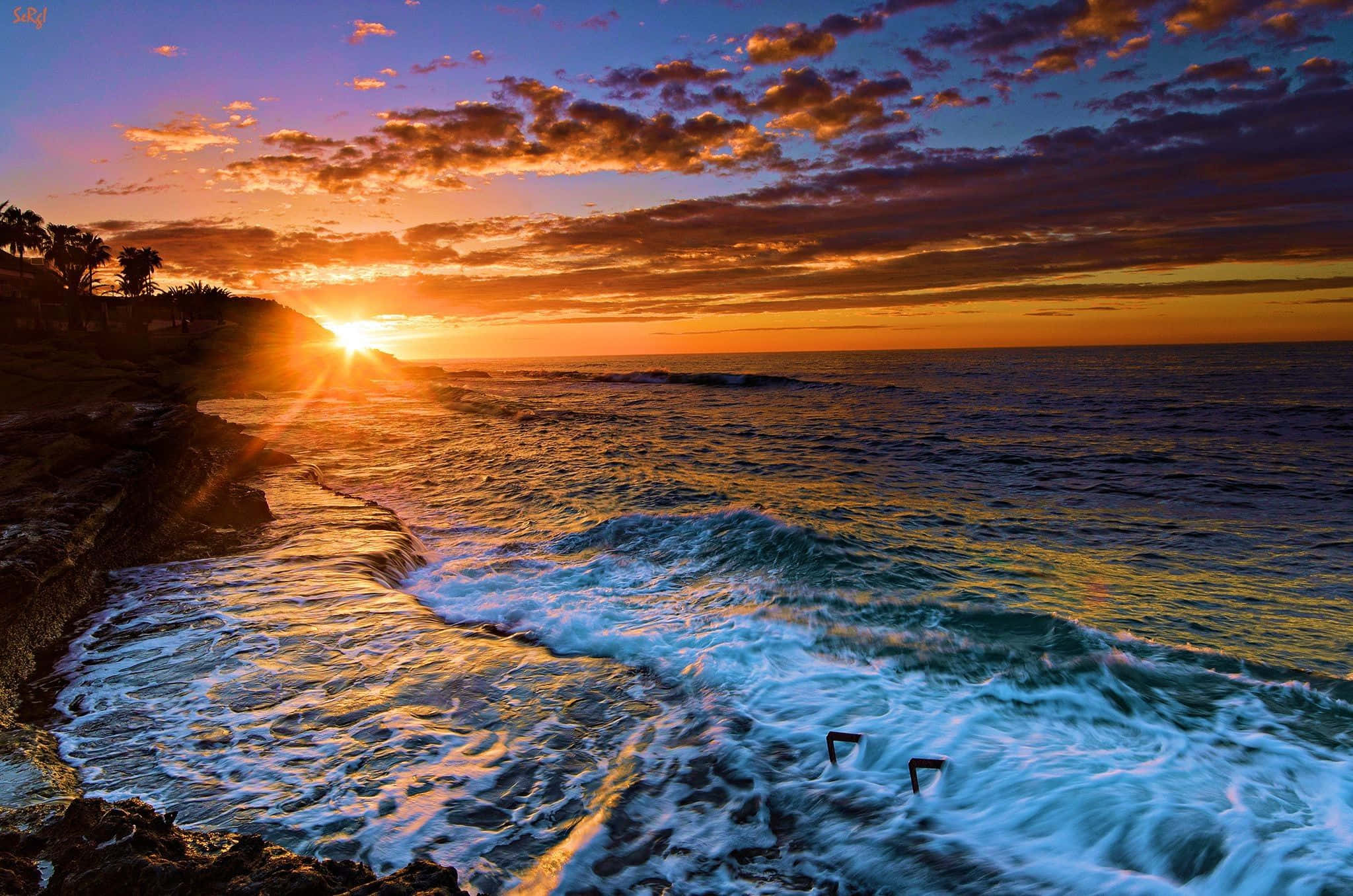 紫藍色天空海灘日落桌面壁紙 壁紙 — 夕陽將天空染成火熱的橙色和紫色，海浪拍打岩石海岸，懸崖上棕櫚樹的剪影清晰可見。