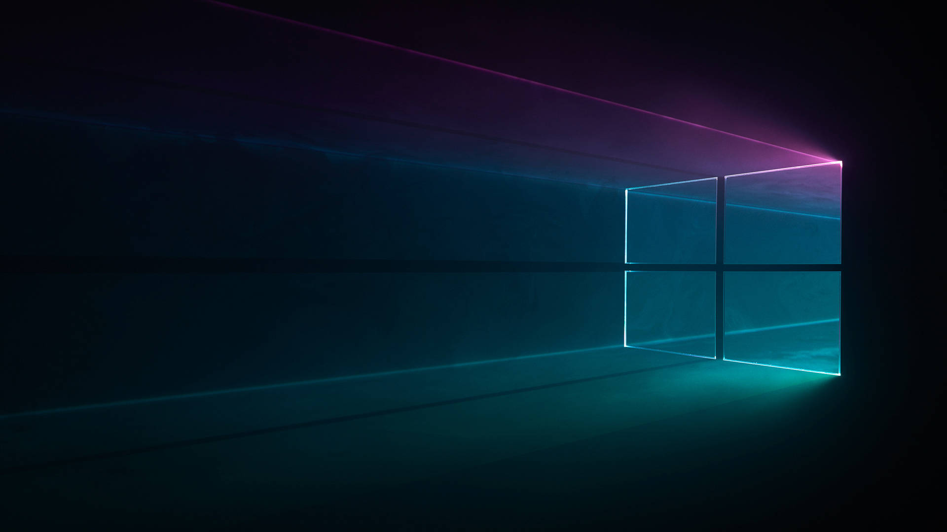 在黑暗房間中帶有霓虹光束的發光Windows標誌。