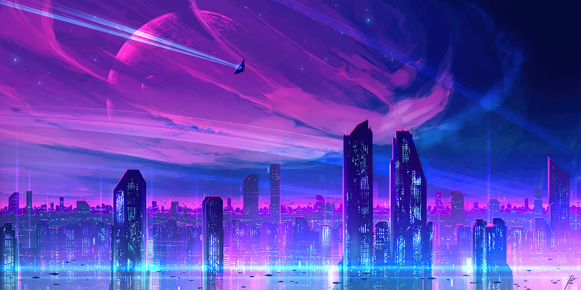 在紫色外星天空下，霓虹燈光在水面上反射的未來城市天際線。