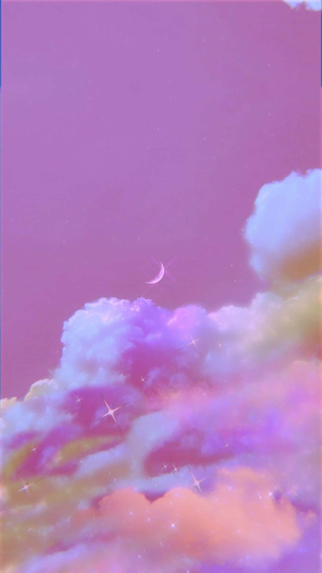 紫調中的優雅美感 壁紙 — 夢幻的粉彩天空，柔軟的雲朵在粉紅、紫色和蜜桃色調中閃耀，新月下點綴著閃爍的星星。