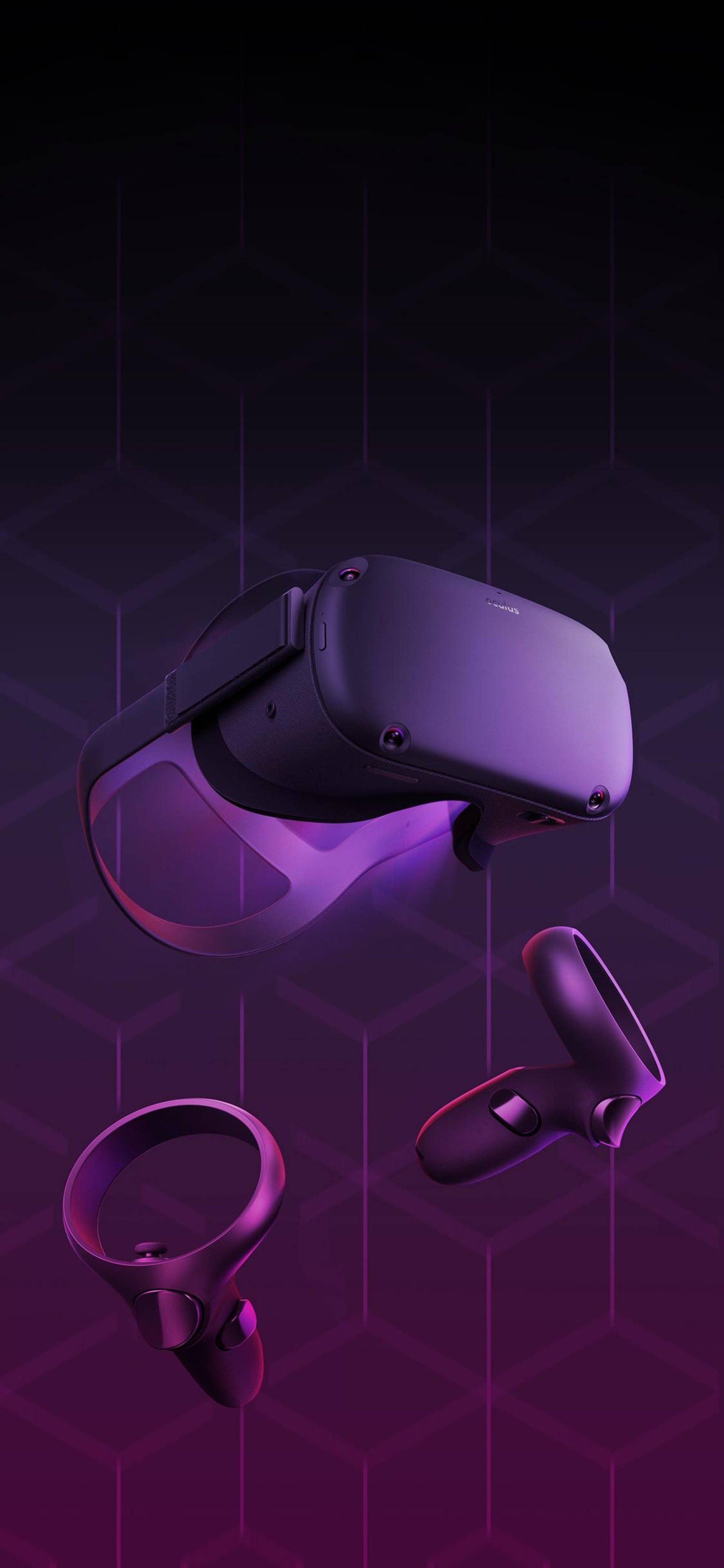 紫調抽象 Oculus Quest 2 藝術 壁紙 — 一個時尚的VR頭戴式裝置和控制器漂浮在發光的紫色六邊形網格背景上。