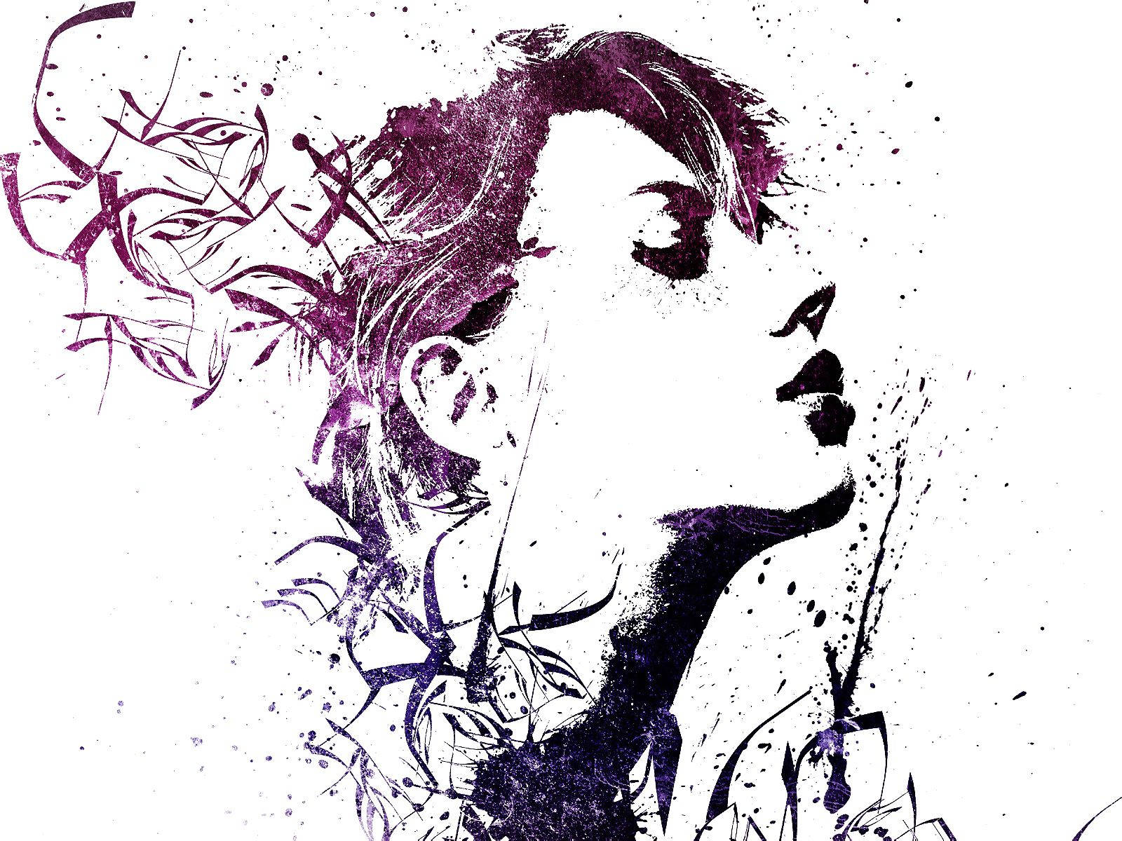 紫色墨水插圖，女性面孔帶有抽象花卉漩渦。