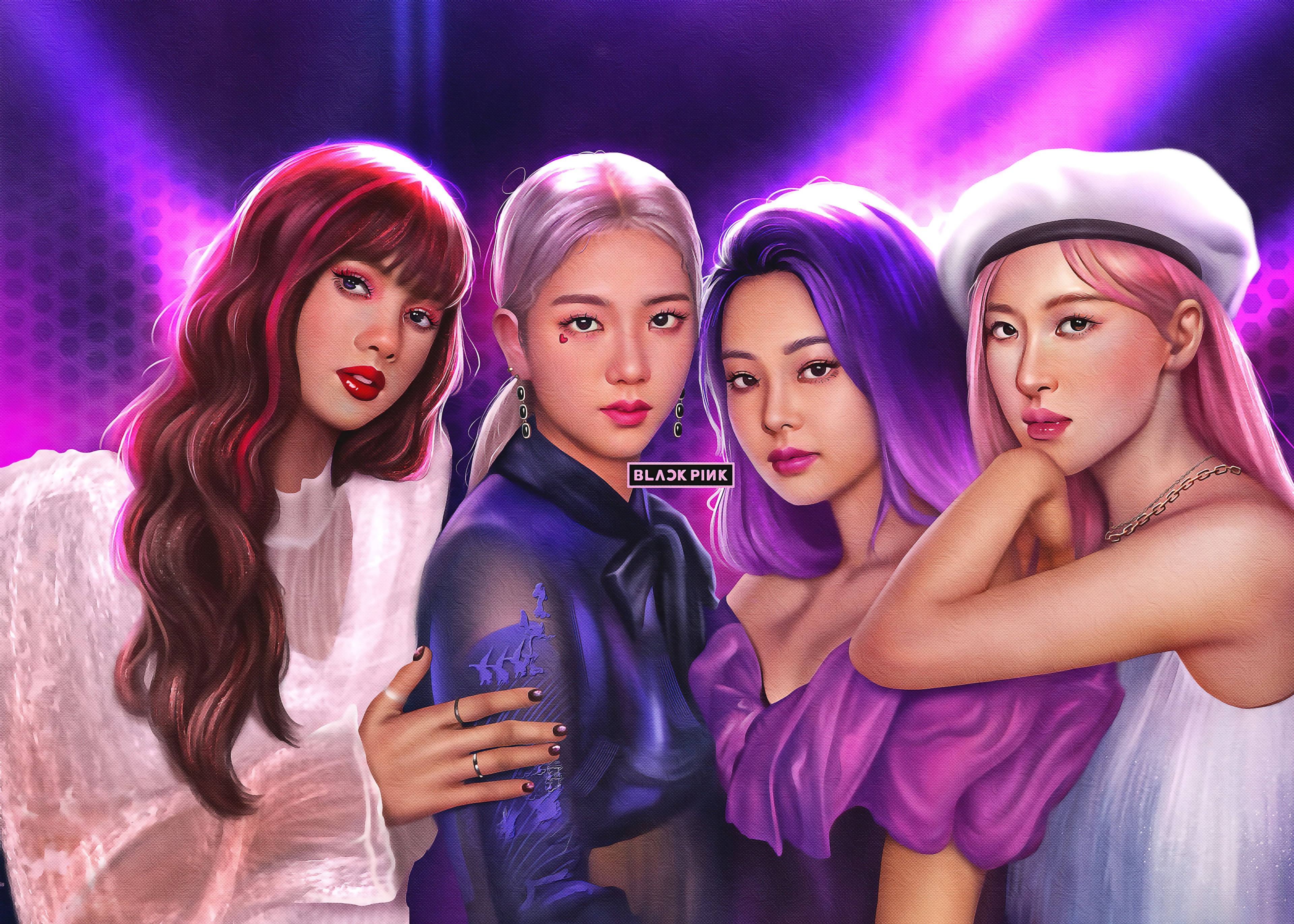 紫調數位畫 BLACKPINK 電腦桌面壁紙 壁紙 — 四位風格化的女性偶像，擁有鮮豔的髮色，在發光的紫色舞台背景前自信地擺姿勢。