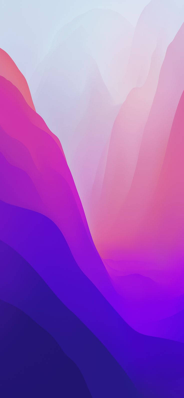 紫調漸層 macOS Monterey 壁紙 — 紫色、粉紅色和藍色的抽象流動漸變，營造出帶有柔和山形狀的寧靜數位景觀。