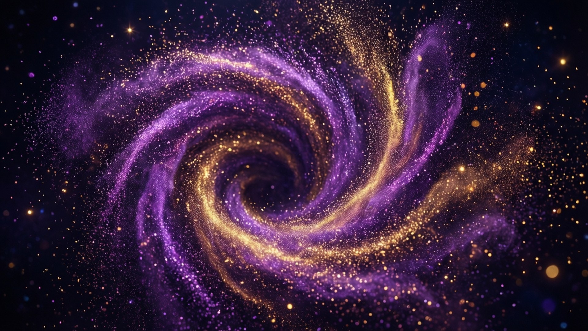 一個旋轉的星系，帶有紫色和金色的宇宙塵埃以及散落的星星。