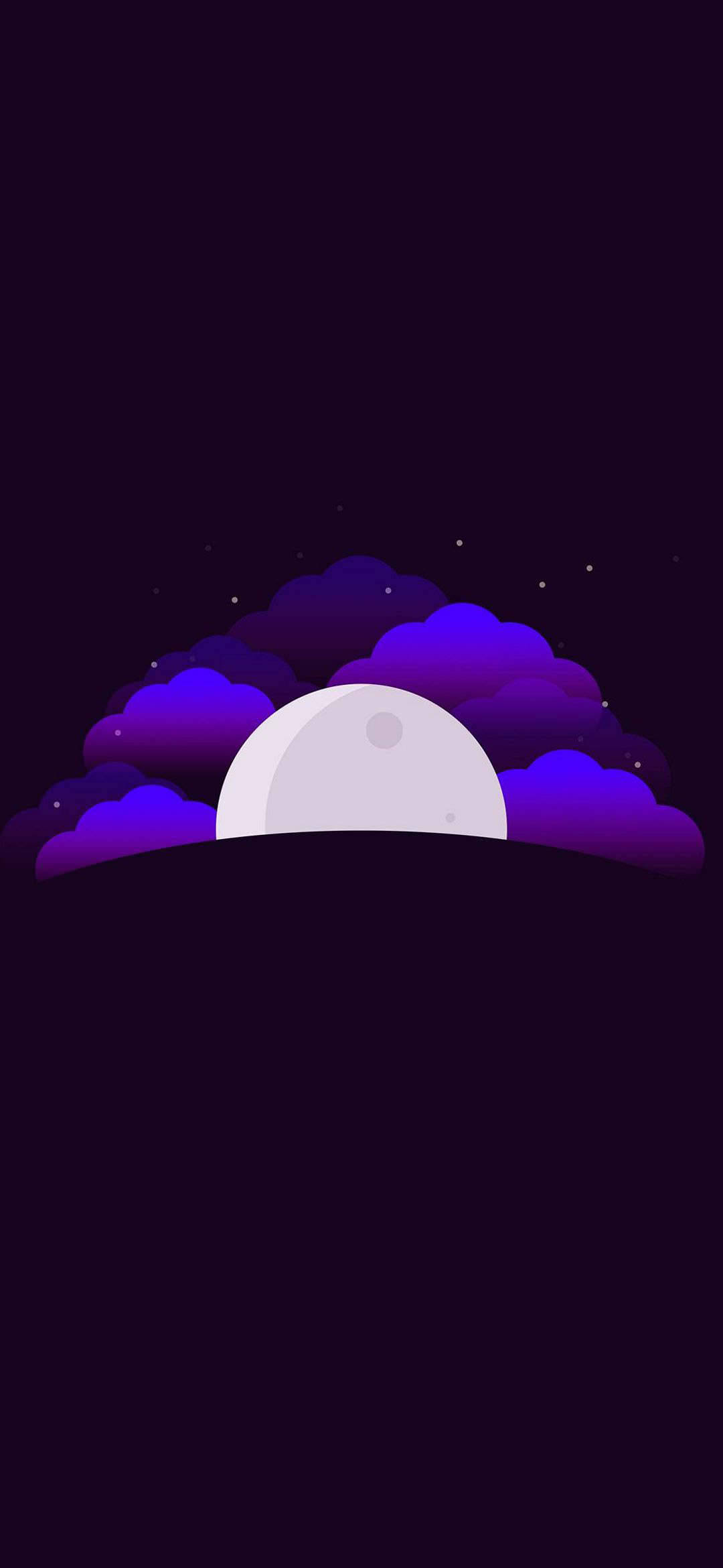 紫雲月夜極簡安卓壁紙 壁紙 — 一幅極簡數位插圖，描繪一輪蒼白的月亮在深色夜空中從鮮豔的紫色雲朵後升起。