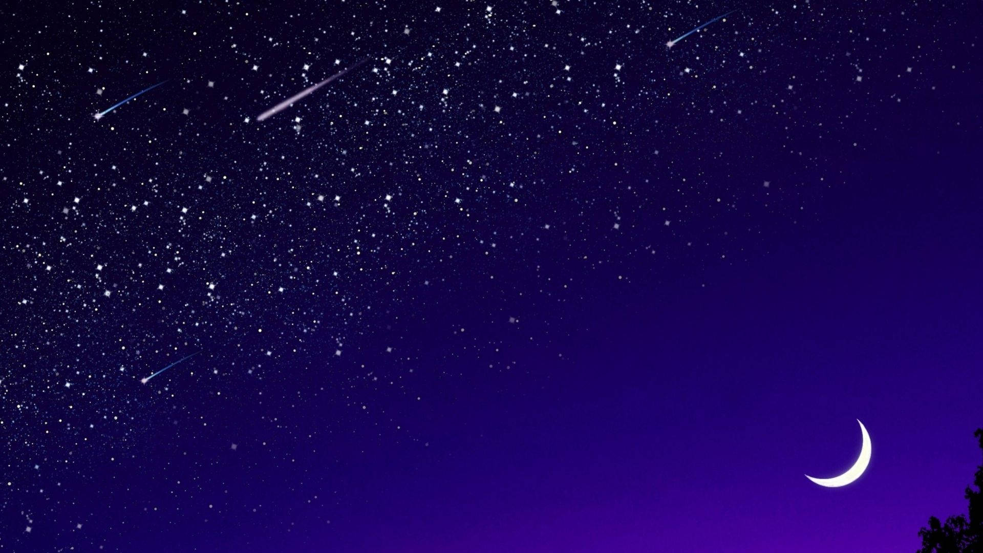 紫霞星空景觀 壁紙 — 新月下充滿閃爍星星和劃過流星的 vibrant 夜空。