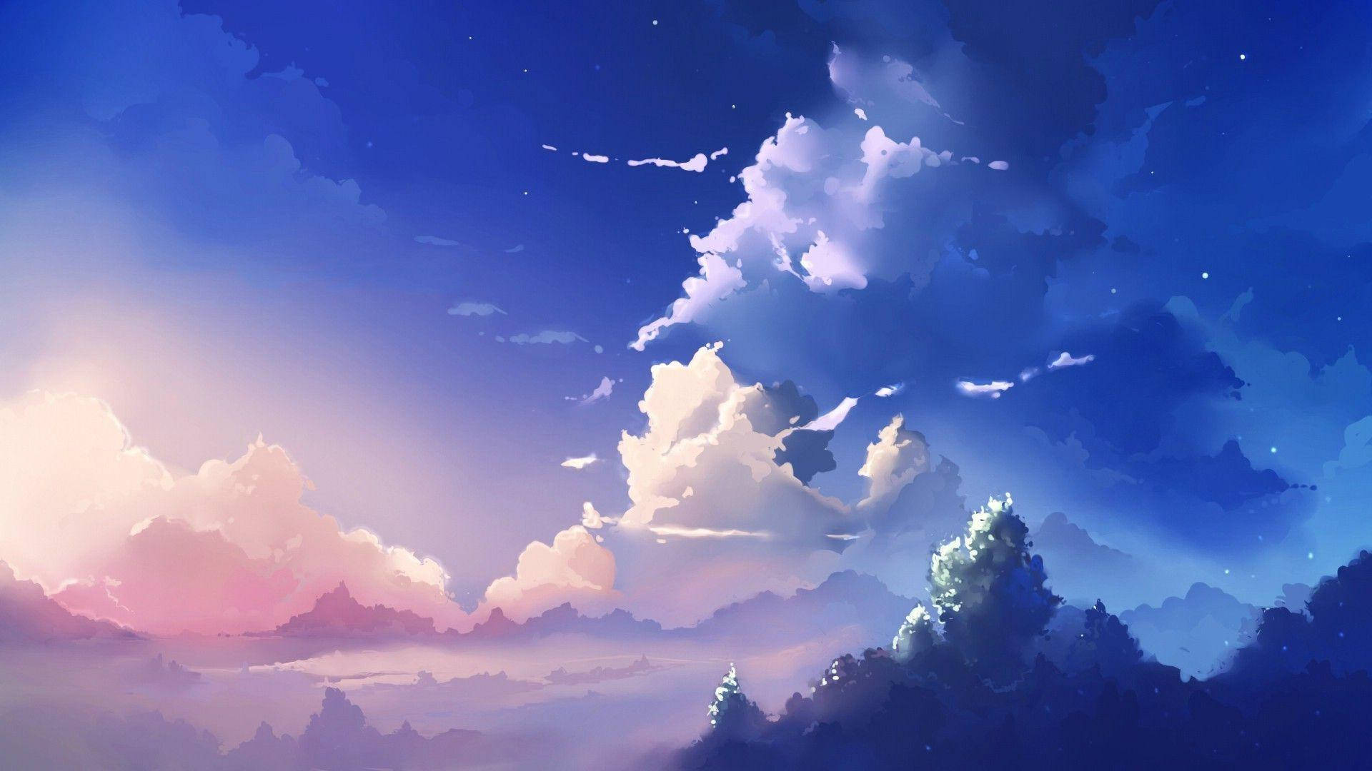 暮色天空，粉紅色和藍色雲彩籠罩樹木剪影和星星