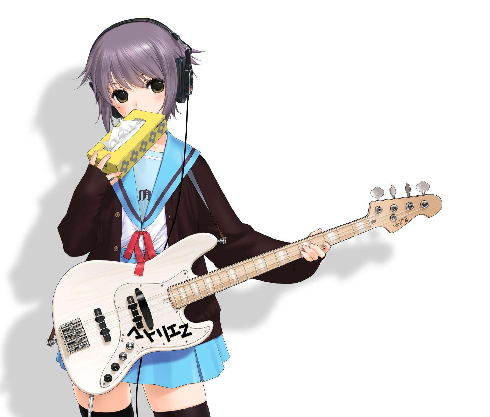 Yuki Nagato 桌布 壁紙 — 紫髮動漫女孩戴著耳機，一邊彈奏白色低音結他，一邊拿著黃色紙巾盒。
